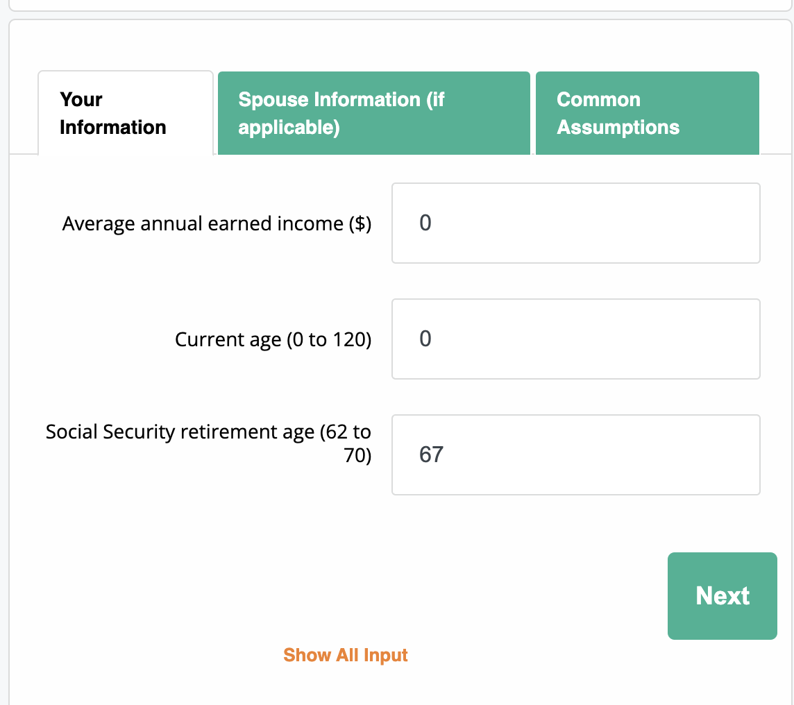 Social security retirement <br>income estimator